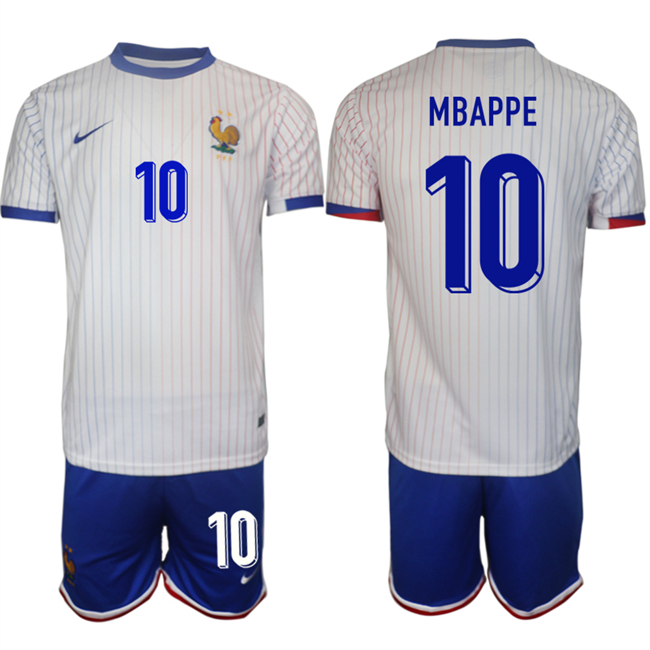 Men's France #10 Mbappé White 2024-25 Away Soccer Jersey Suit